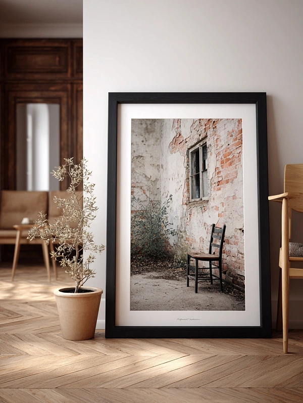 Интерьер с картиной и деревянным стулом