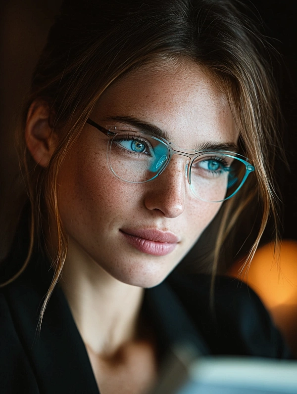 Стильные очки на женщине с голубыми глазами