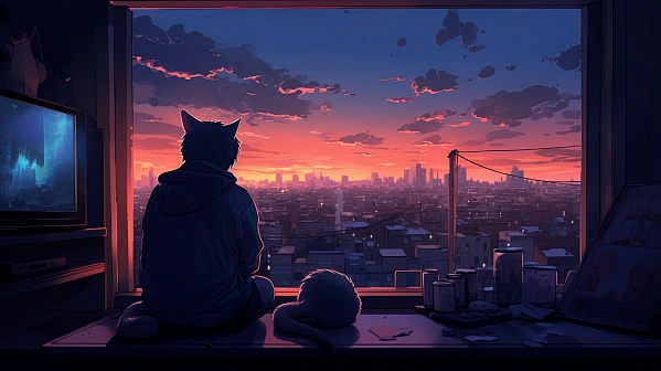 Cats and sunsets pattern