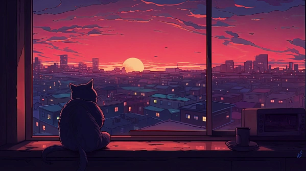 Cats and sunsets pattern