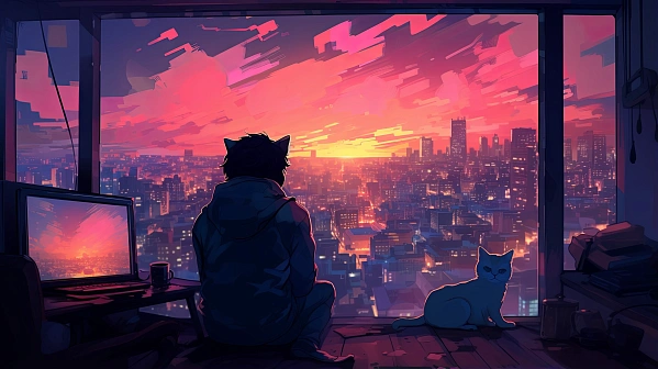 Cats and sunsets pattern