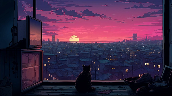Cats and sunsets pattern