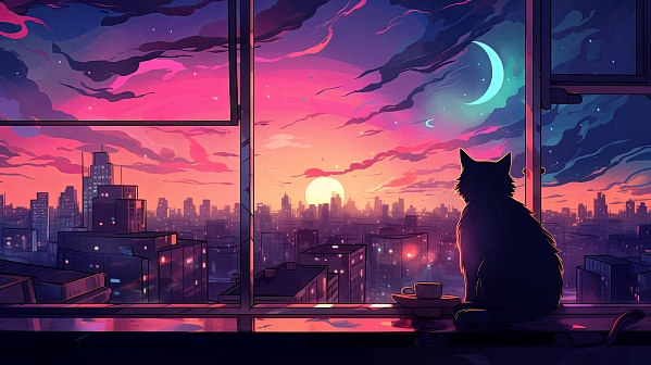 Cats and sunsets pattern