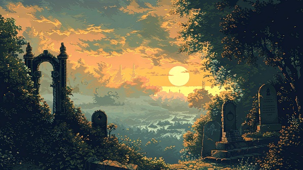 Pixel art style cemetery pattern