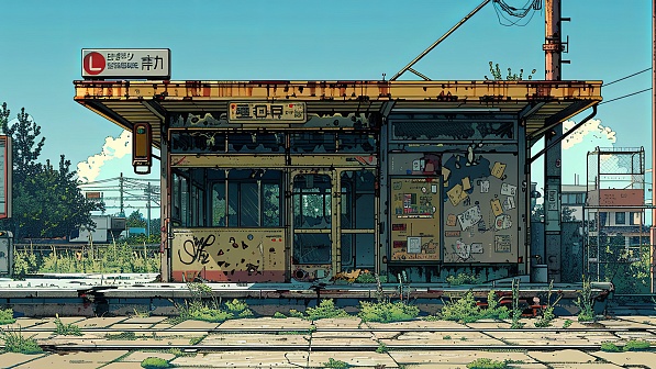 The bus station in abandoned city pattern