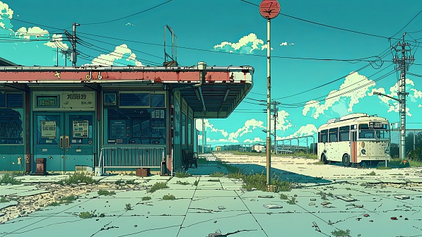 The bus station in abandoned city pattern