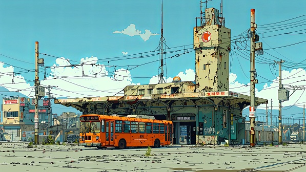 The bus station in abandoned city pattern