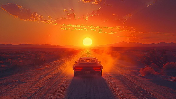 Car driving to the sunset pattern