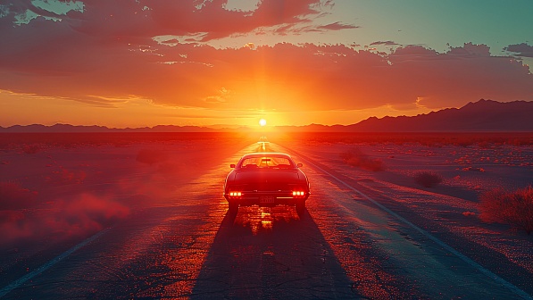 Car driving to the sunset pattern