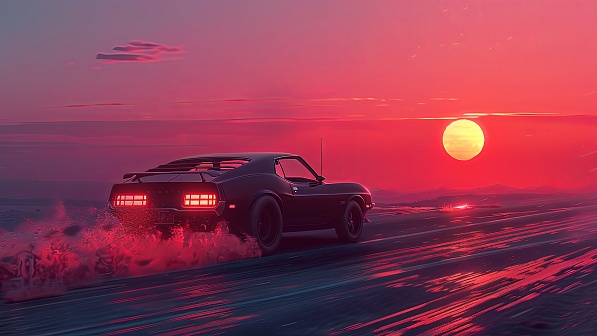 Car driving to the sunset pattern