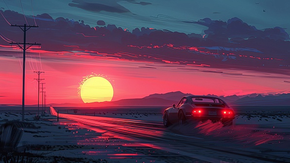 Car driving to the sunset pattern