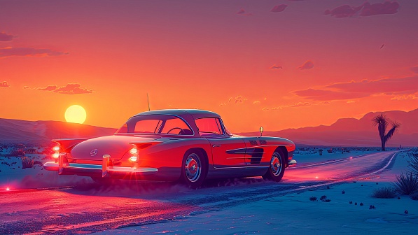 Car driving to the sunset pattern