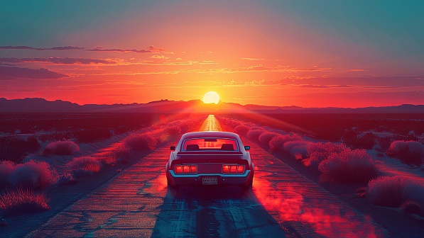 Car driving to the sunset pattern