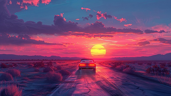 Car driving to the sunset pattern