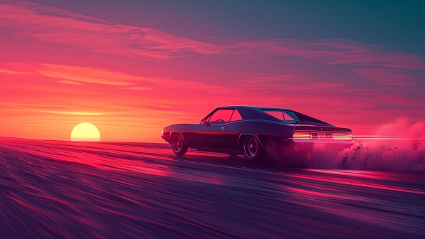 Car driving to the sunset pattern