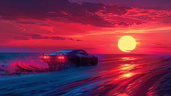 Car driving to the sunset pattern