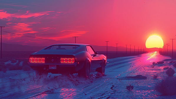 Car driving to the sunset pattern