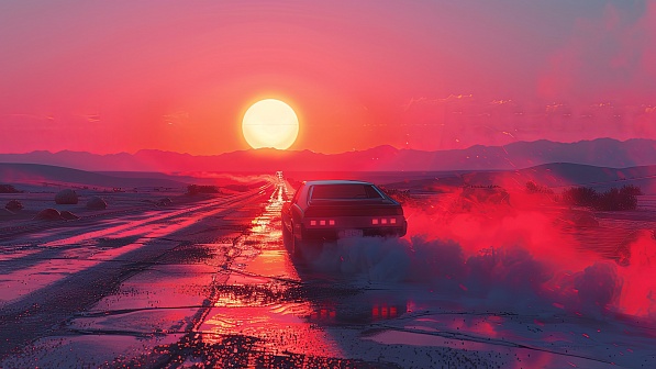 Car driving to the sunset pattern