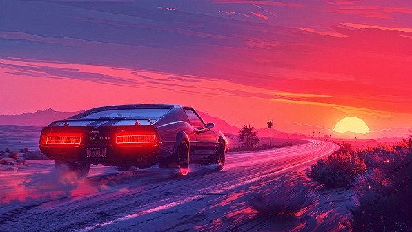 Car driving to the sunset pattern