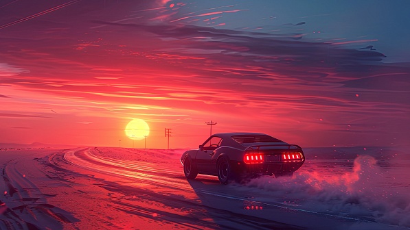 Car driving to the sunset pattern