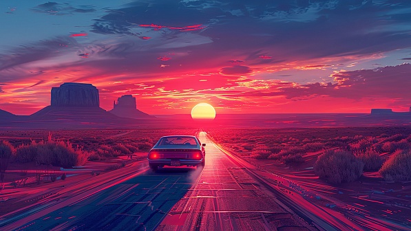 Car driving to the sunset pattern