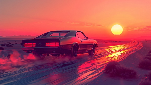 Car driving to the sunset pattern