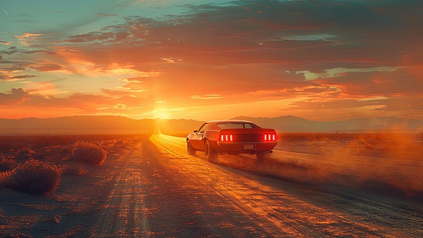 Car driving to the sunset pattern
