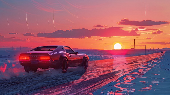 Car driving to the sunset pattern
