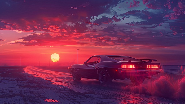 Car driving to the sunset pattern