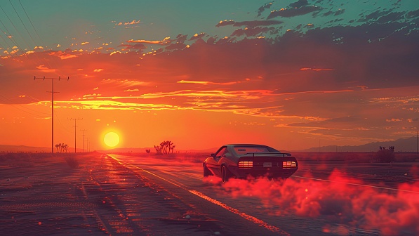 Car driving to the sunset pattern