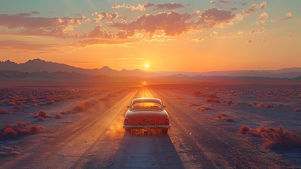 Car driving to the sunset pattern