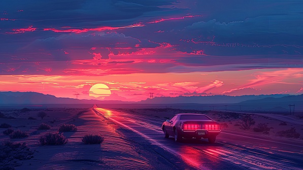 Car driving to the sunset pattern