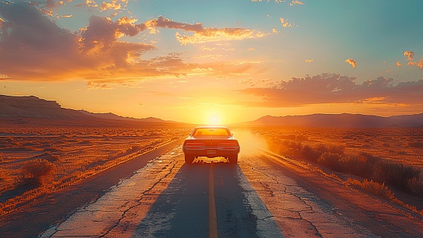 Car driving to the sunset pattern