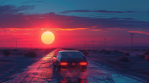 Car driving to the sunset pattern