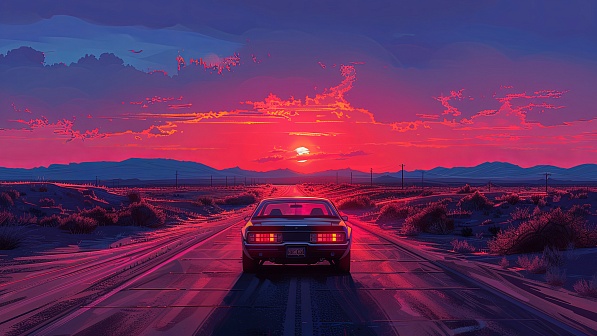 Car driving to the sunset pattern