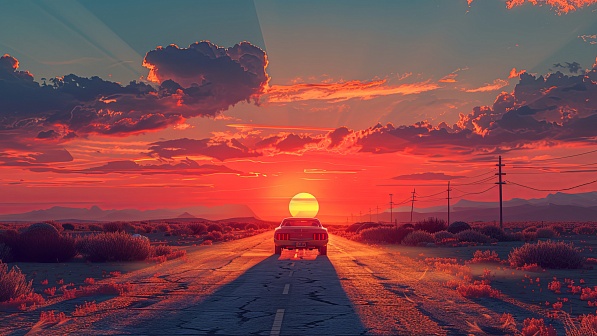 Car driving to the sunset pattern