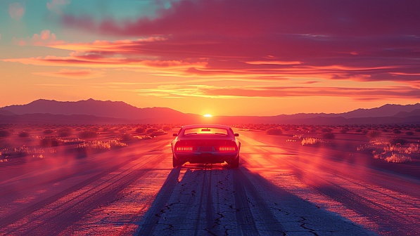 Car driving to the sunset pattern