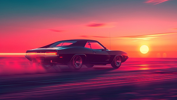 Car driving to the sunset pattern
