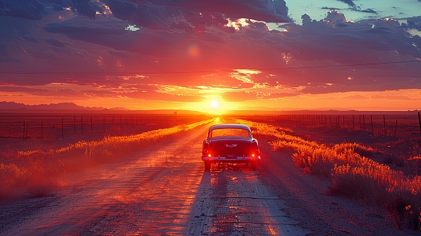 Car driving to the sunset pattern