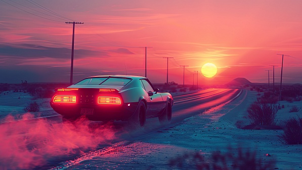 Car driving to the sunset pattern
