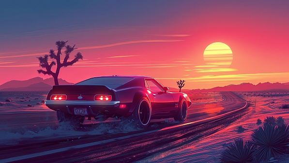 Car driving to the sunset pattern